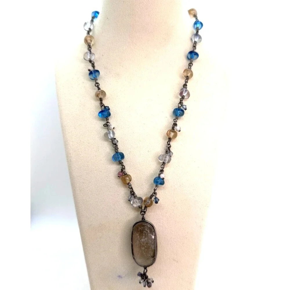 Vintage Monet Quartz Pendant Pastel Beaded Necklace Blue Peach